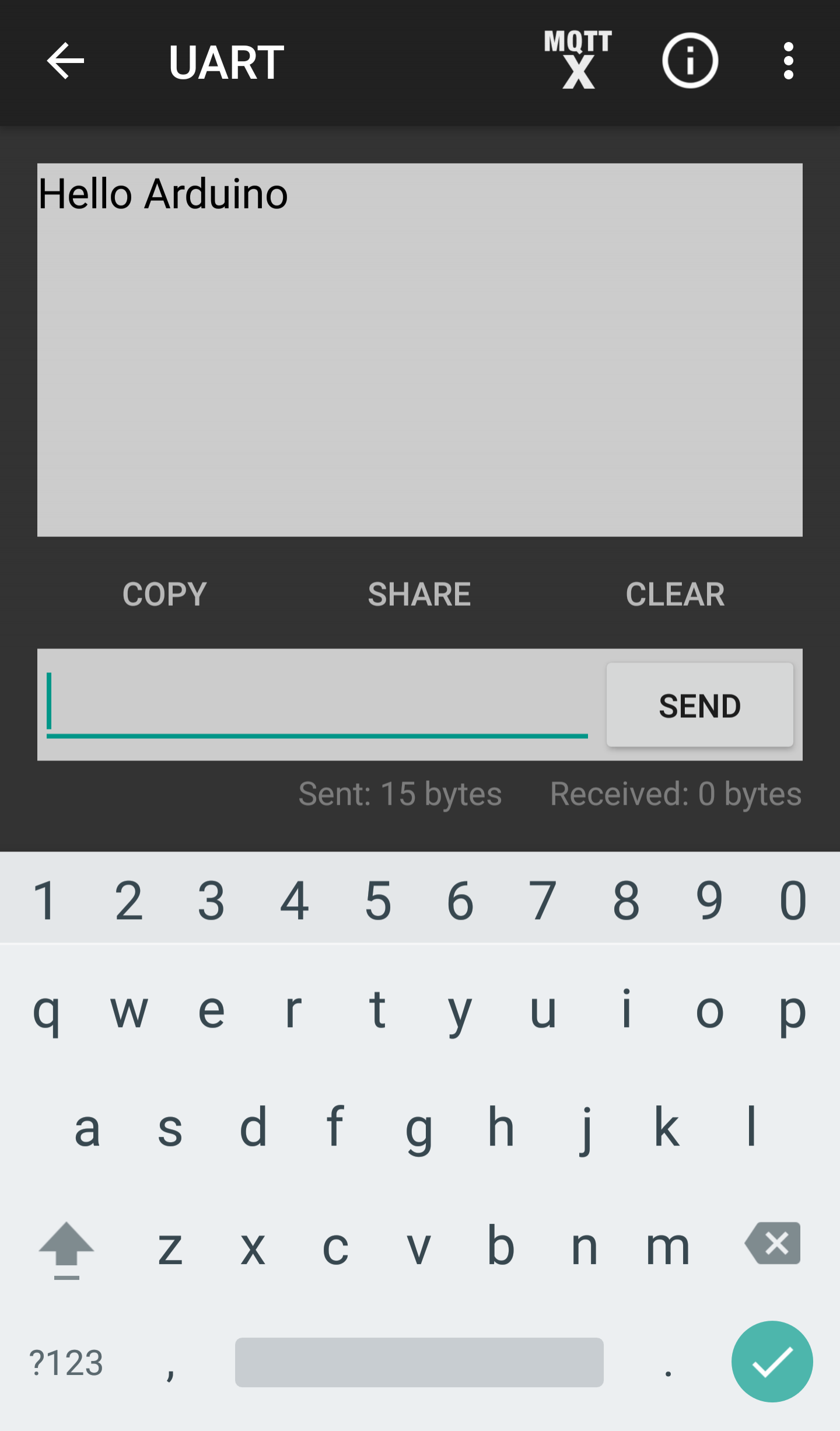 Screenshot showing a message being transmitted to the Arduino from my smartphone&nbsp;