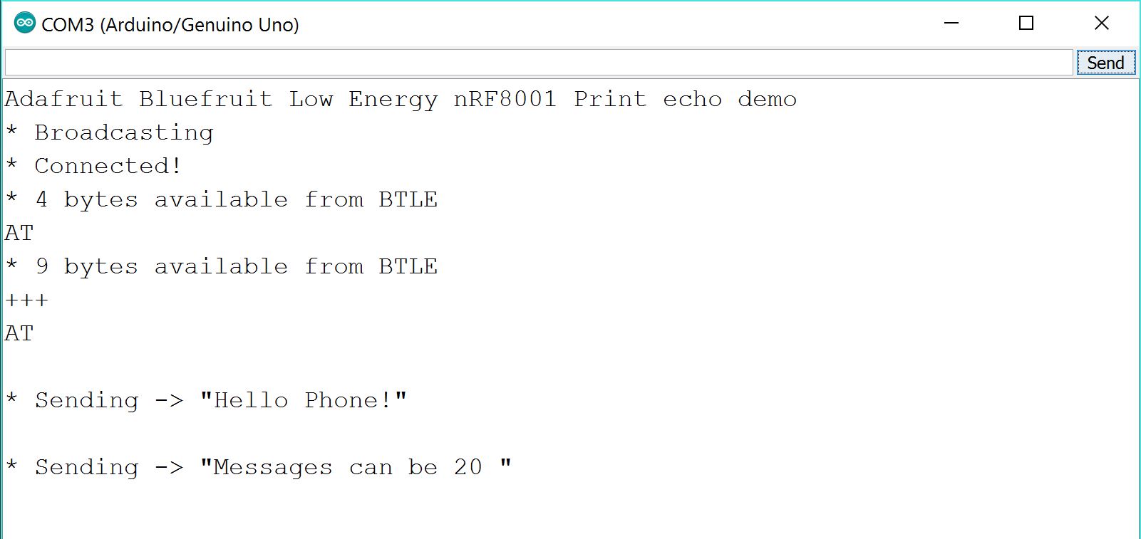 Snip from the Arduino Serial Monitor during transmission testing