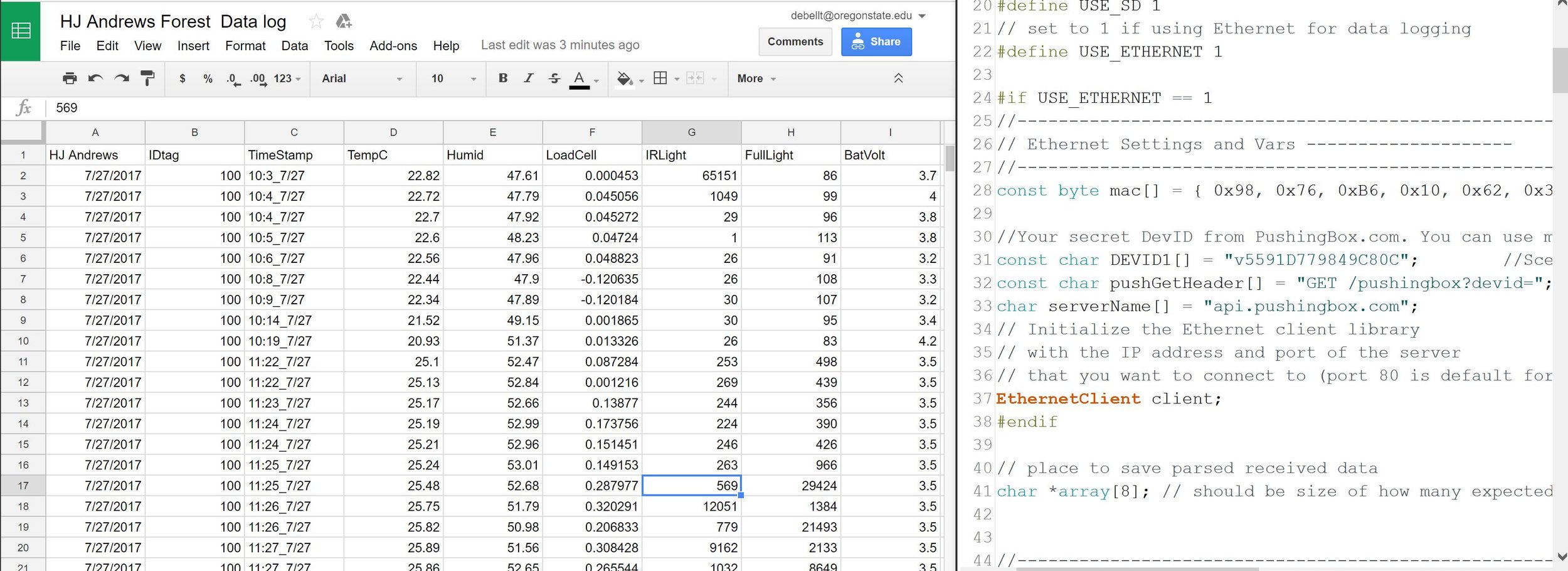 Populated Google Spreadsheet (left) and Ardiuno IDE with example code.