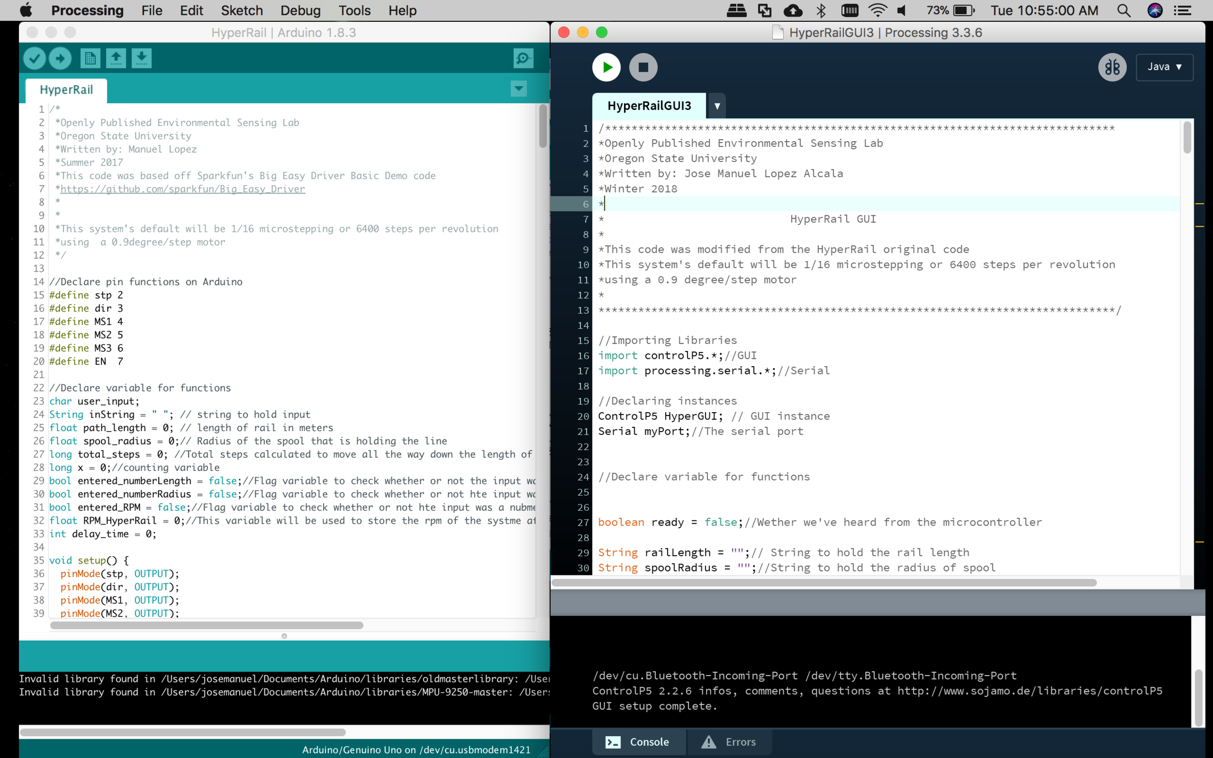 Screenshot of the two IDEs. Left is Arduino and right is Processing