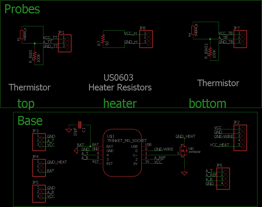 Schematic of the Sap Flow/Flux sensor with thermistor temperature sensors.