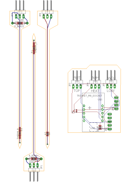 Image of the board design for Sap Flow sensor with thermistor temperature sensors. The two probes on the left are the thermistors and the one on the right is the heater probe. The PCB on the right houses an Adafruit M0 Trinket.