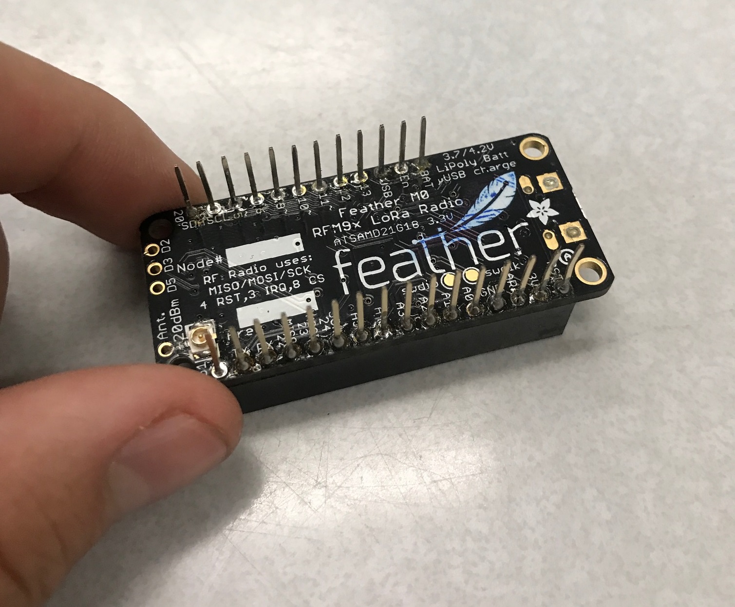 Picture of the Feather M0 with LoRa Radio with the pins correctly soldered on.