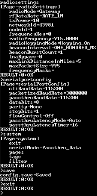 Freewave shell settings for the Gateway radio.