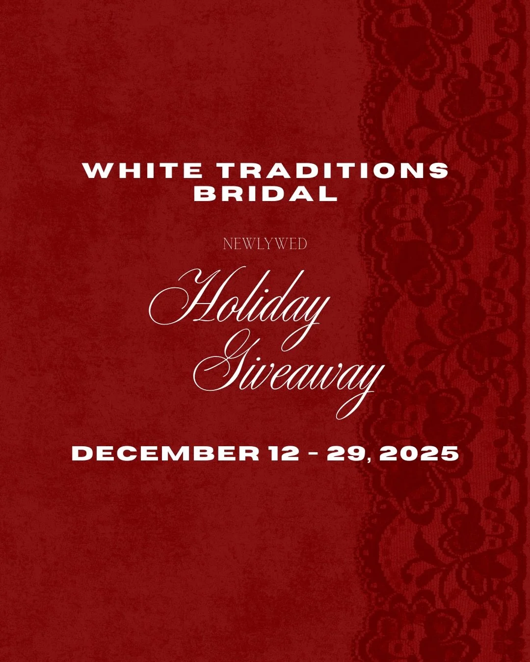 Calling all Newly Weds!❤️

Our holiday giveaway is here!🌲

What you&rsquo;ll win ($500 value):
❣️Anniversary photoshoot by @annamangphotography
❣️Wedding dress cleaning and preservation 
❣️Thanks&amp;Goodluck Perfume 
❣️Anthropologie Capri Blue Volc