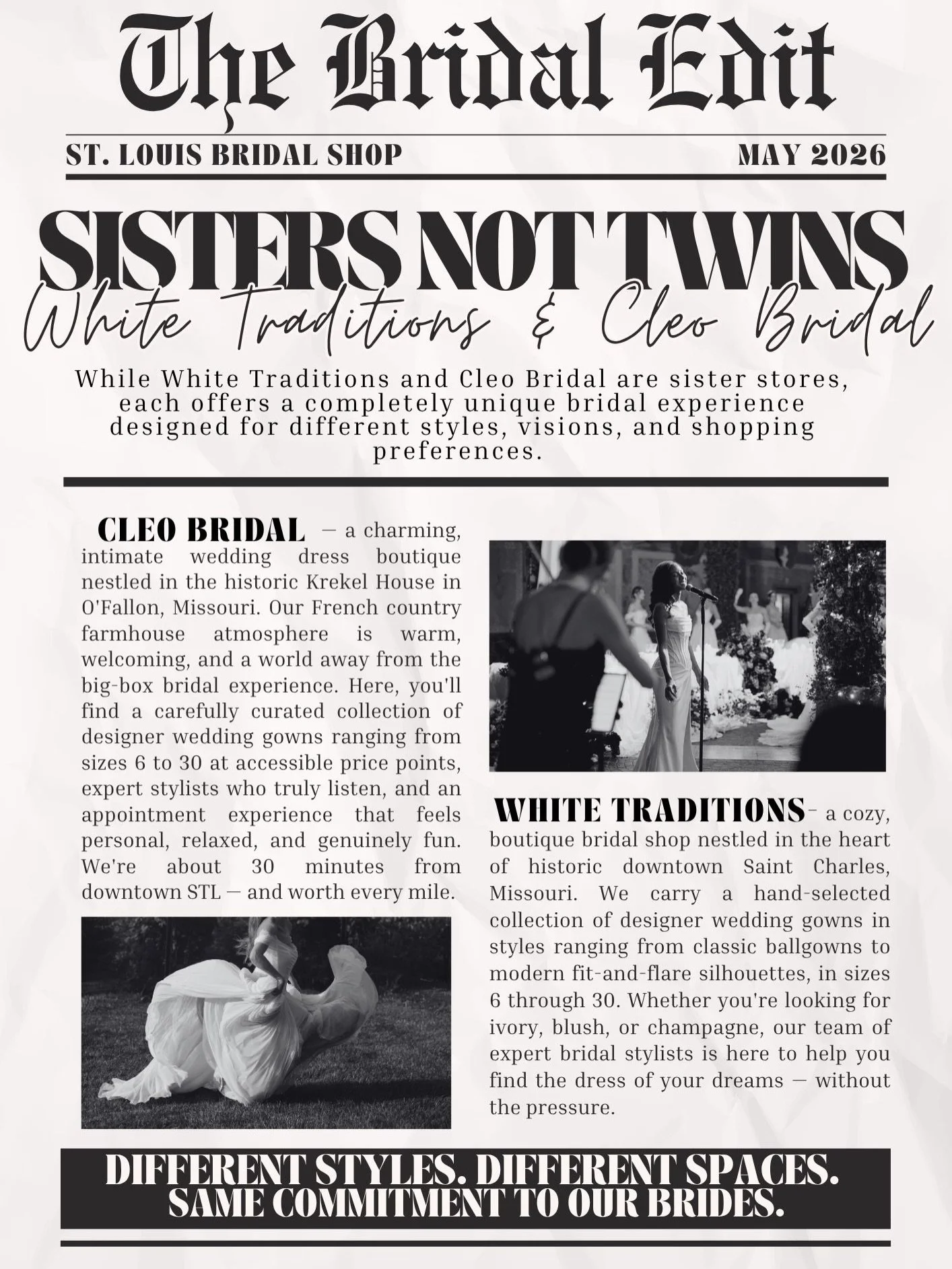 White Traditions and Cleo Bridal are sisters, not twins🤍 We differ from style and price point to designers and gown selection, but both built in the same foundation.👰🏻&zwj;♀️ To make every bride feel confident, cared for, and truly excited about s