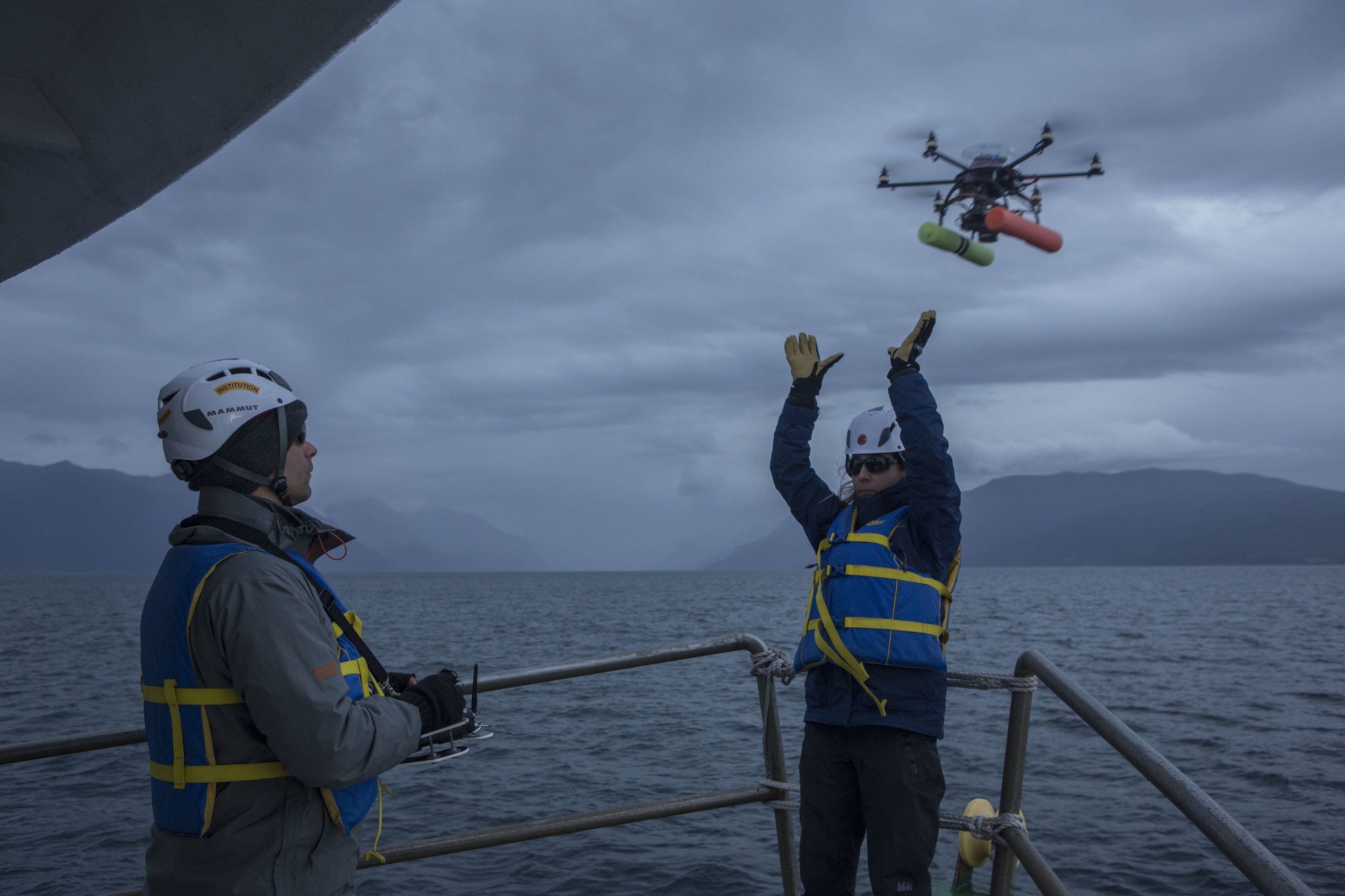                  Measuring blue whales in Chilean Patagonia using drones:  Matthew S. Leslie (Smithsonian Institution) and Carolyn Miller (Woods Hole Oceanographic Institution) deploy the APH-22 hexacopter for measuring body metrics of Chilean pygmy 