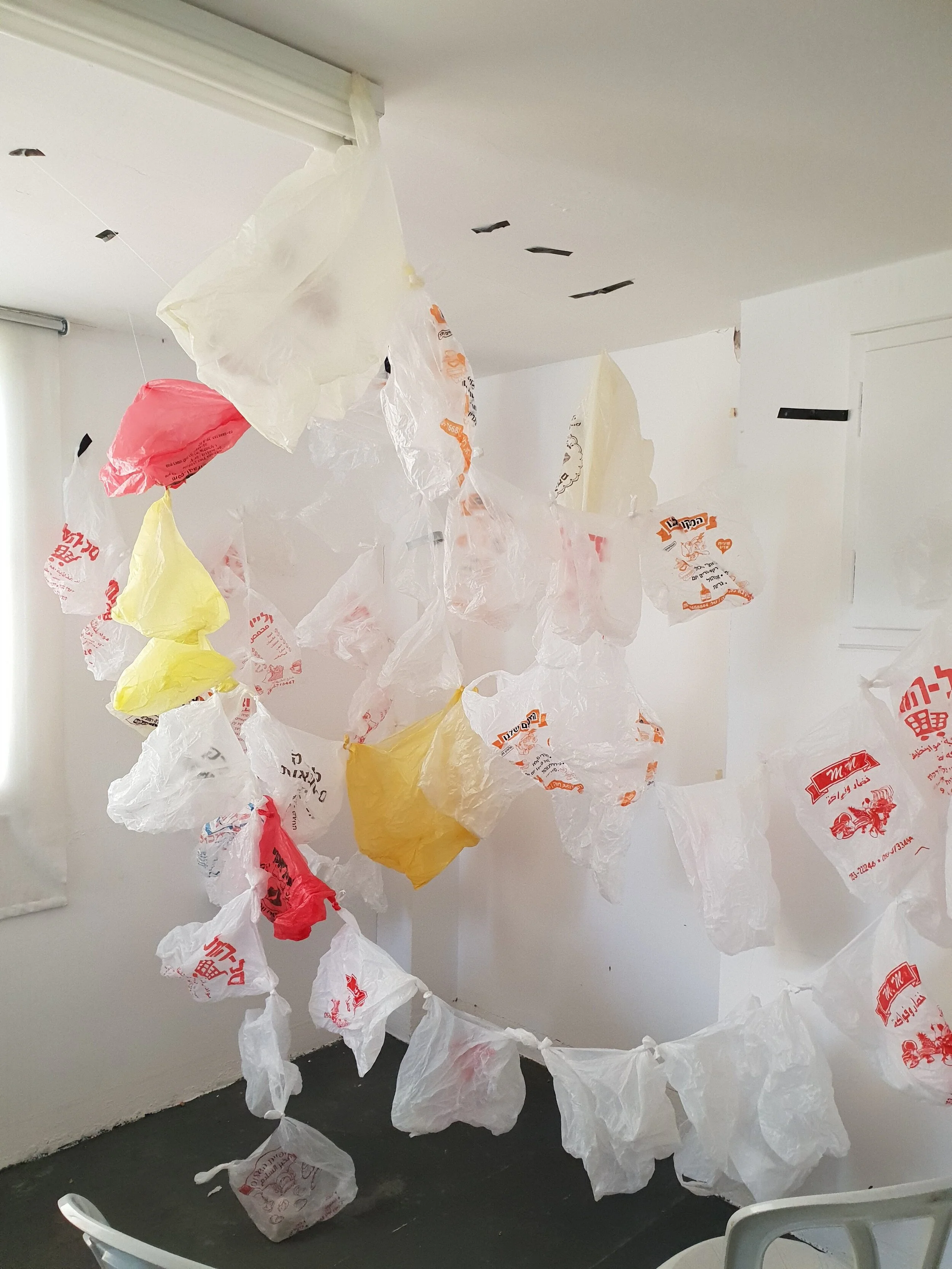 Installation from used plastic bags as part of group exhibition on the topic “Food”. For this project the artist asked people from the neighbourhood to contribute to the art project by giving her away the used plastic that they have at home.