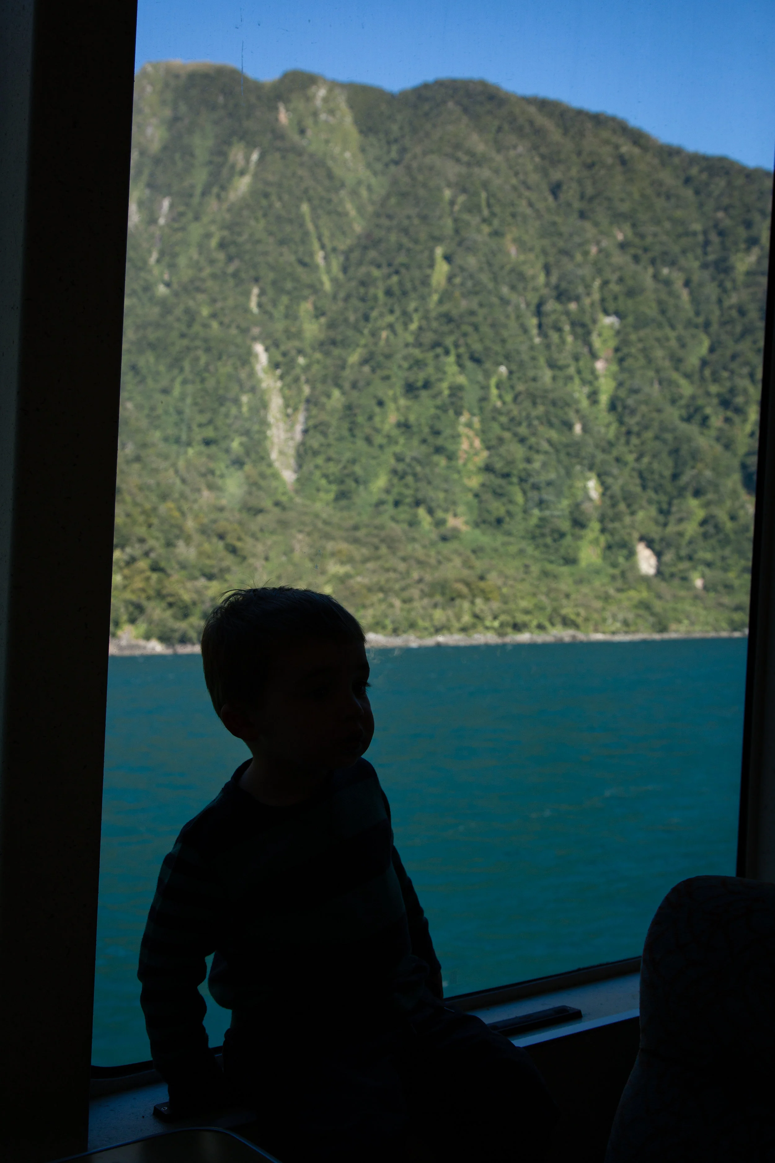 Inside the boat, enjoying the view and a little lunch. 