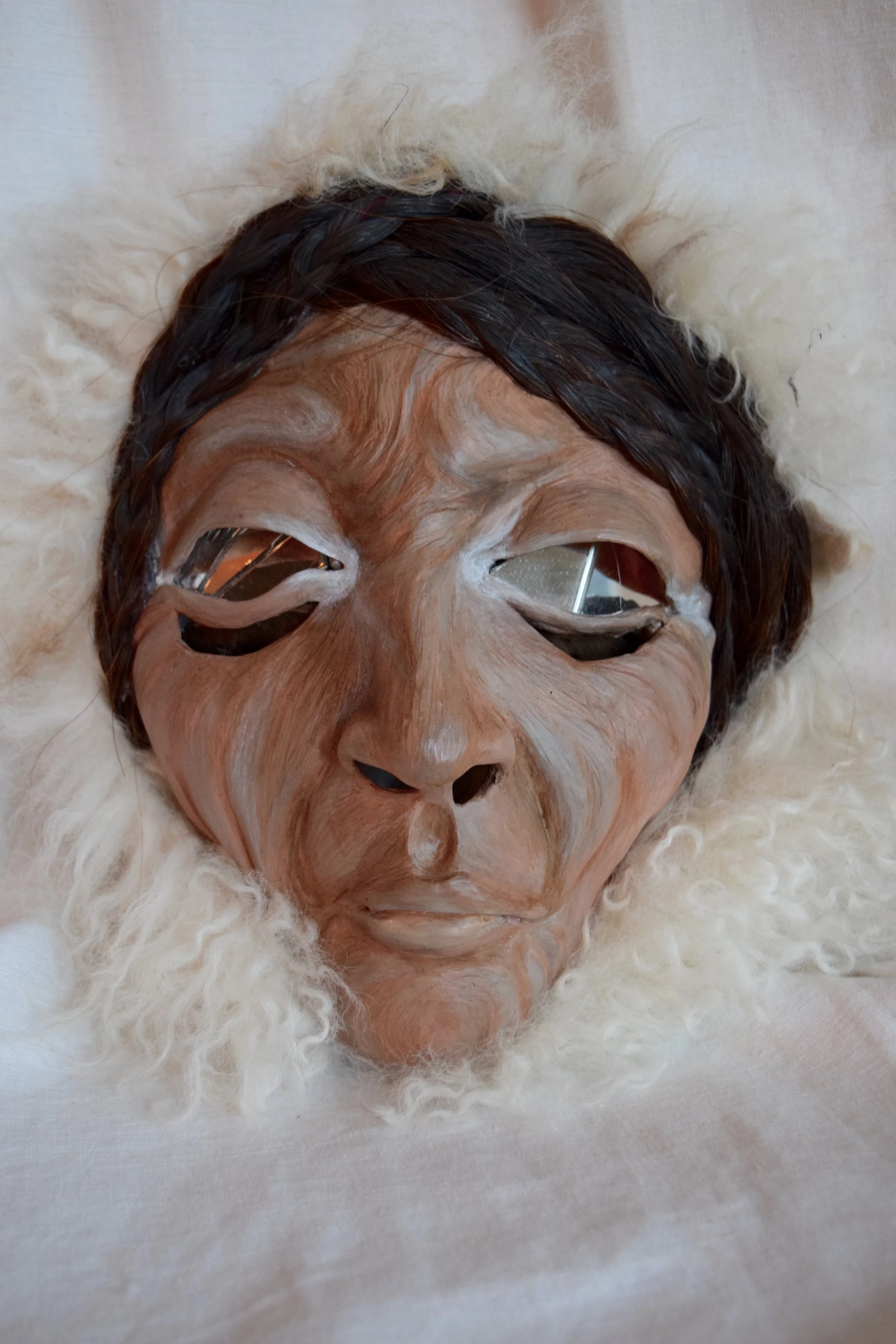 Winter Queen, 2015. Clay, Mongolian sheep hide, horse hair, mirror, acrylic