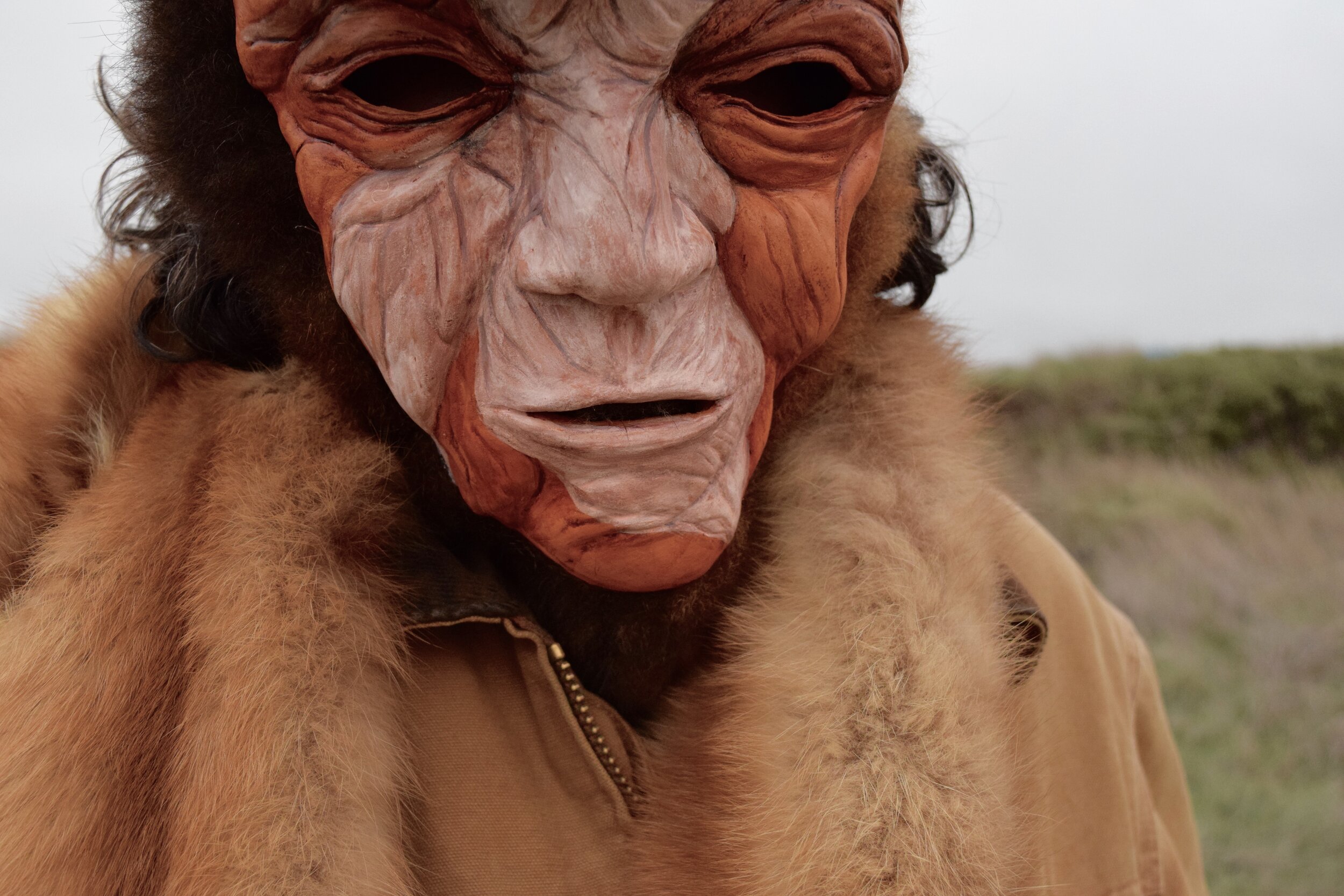  Ceramic mask, acrylic paint, ink, salvaged fur coat. Photo and concept: Rachel Pozivenec. 2015 