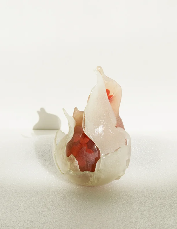 3/4 View: Clusters of bloddy red flowers embedded inside. 