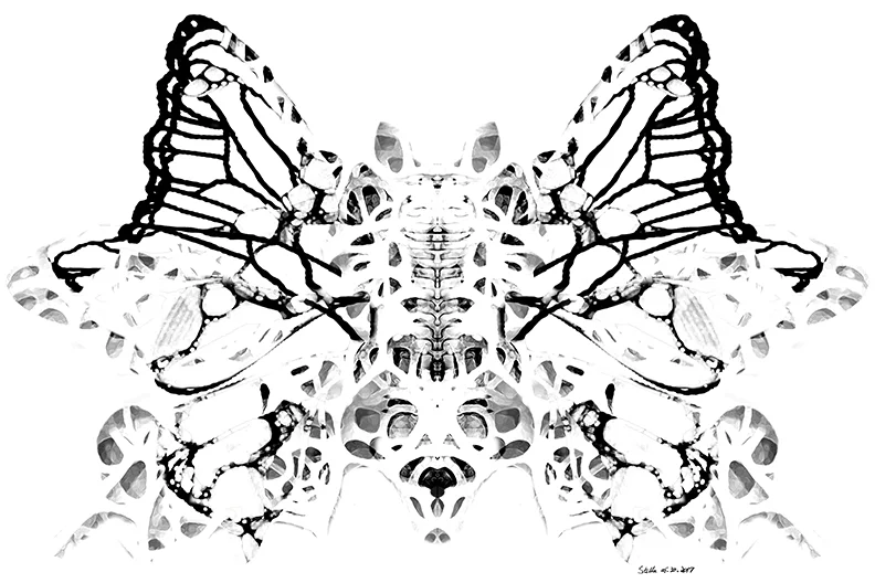 My design inspiration: Original Exoskeleton Fancy mixed media print in Ink pen, watercolor, and digital manipulation. Debuted at Salmagundi Art Club's Black & White Exhibition , Jan. 2018. 