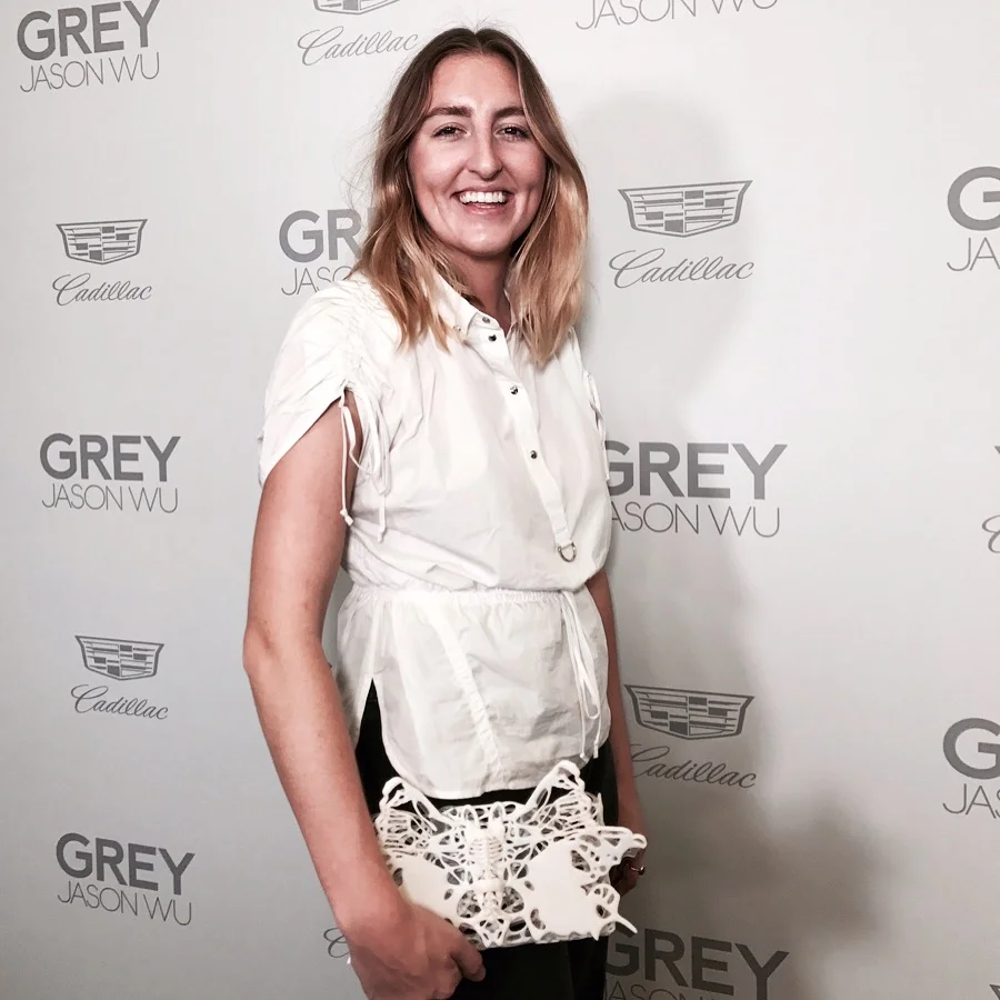 Chandler carrying Exoskeleton Fancy Clutch at Jason Wu Grey Out event. Sept. 2017