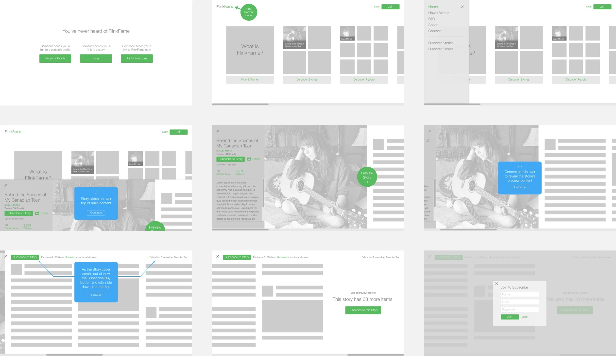 Part of an early prototype illustrating the horizontal scrolling and story overlay.