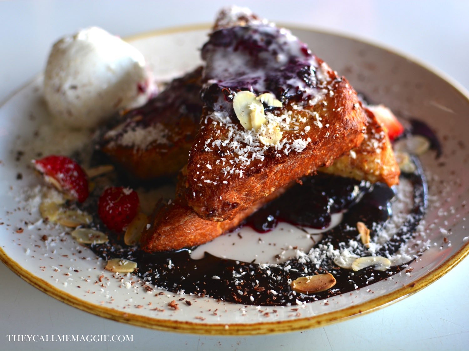  Black forest french toast - with Morello cherry jam, chocolate cacao sauce, toasted almond flakes and coconut ice cream 