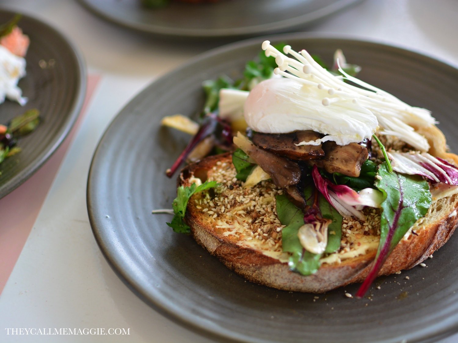  Warm pine mushrooms - with mascarpone, hazelnut dukkah, radicchio, parsley, poached eggs and toast. 