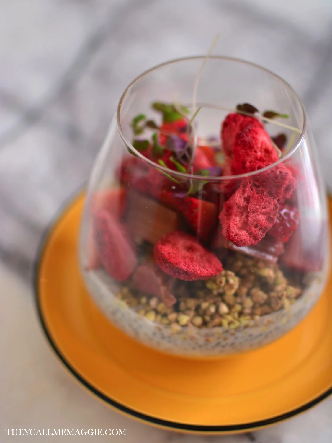 Chia seed pudding - with lemon curd, buckinis, rhubarb and strawberries. 