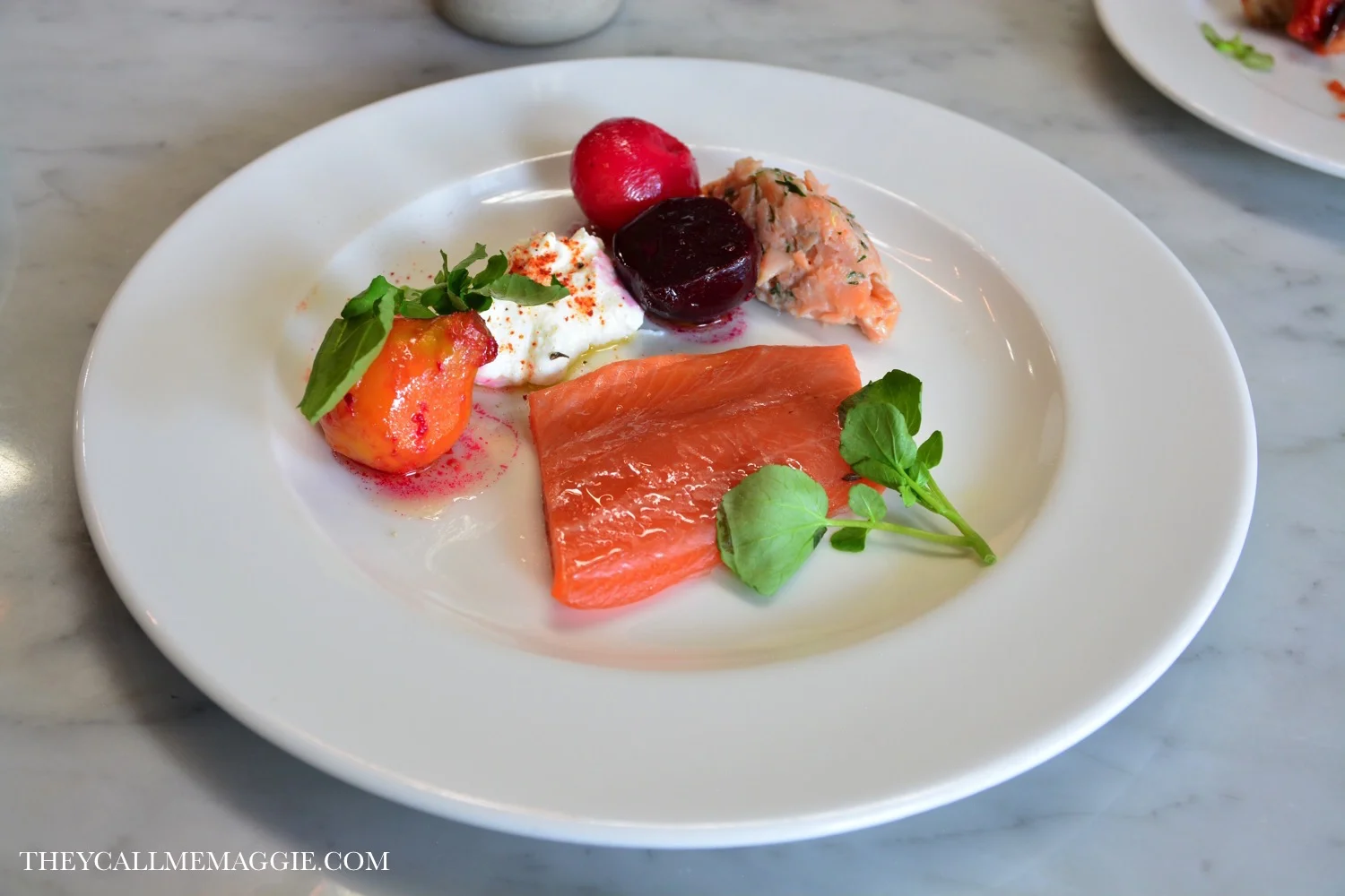 Smoked rainbow trout, rillette, beetroot and creme fraiche. 