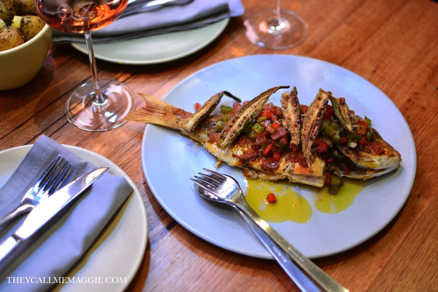 Baked whole snapper with okra and chermoula. 