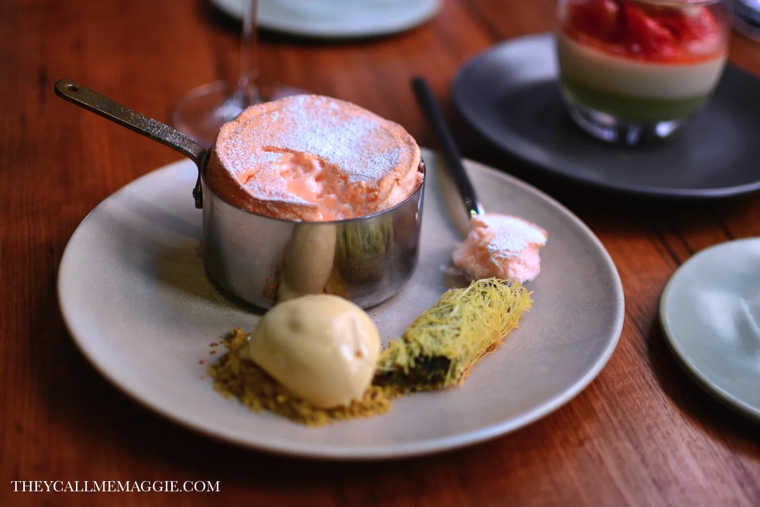 Turkish delight souffle - with pistachio baklava and halva ice cream.