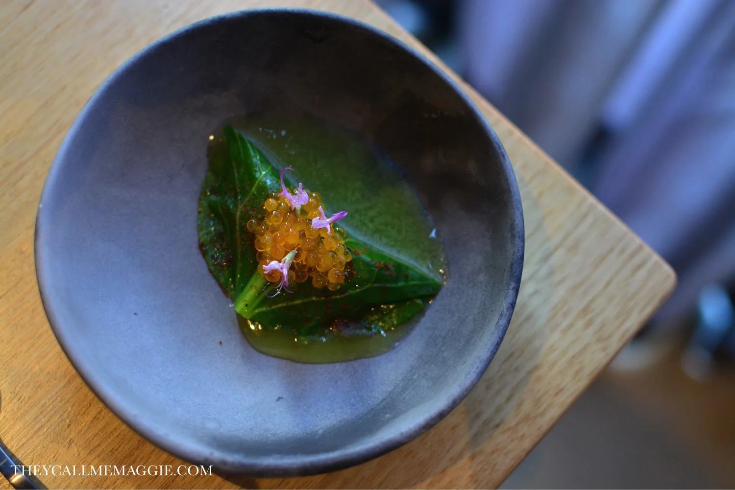 Slimy mackerel, mustard leaf, trout roe, cucumber and lemon juice. 