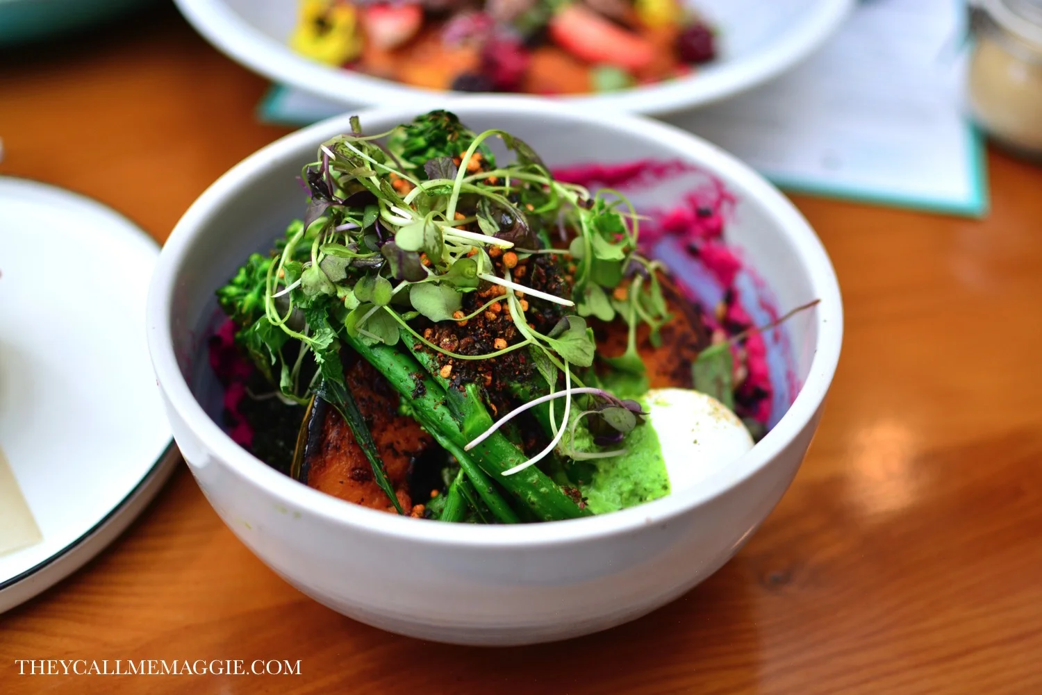 Hippy bowl - with broccolini, kale, pumpkin, crispy black rice, quinoa and black sesame, furikake, lemon tahini and beet skordalia. 