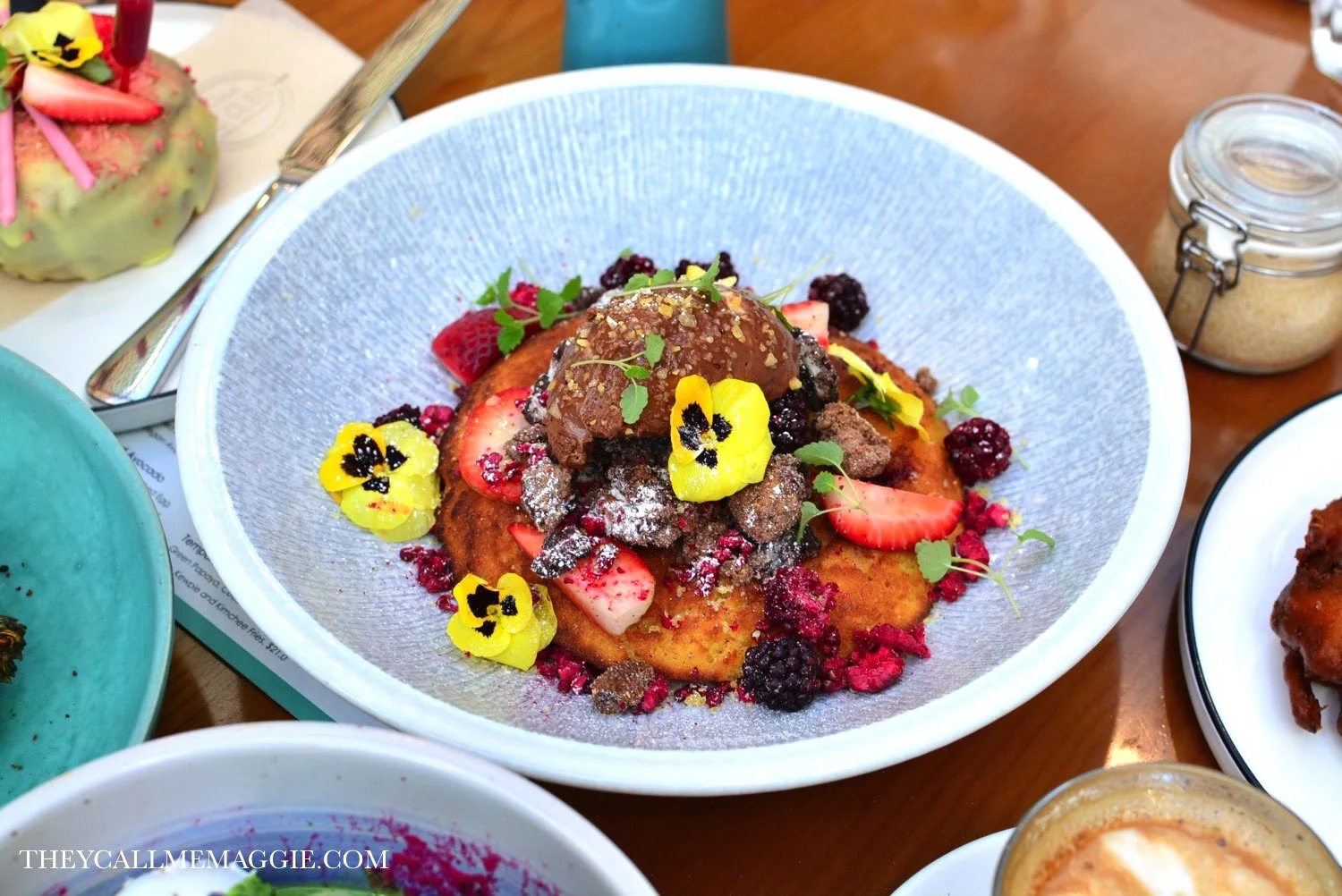 Blackberry buttermilk hotcake - with Oreo crumb, chocolate marquise, fresh and freeze dried fruit, with maple syrup. 