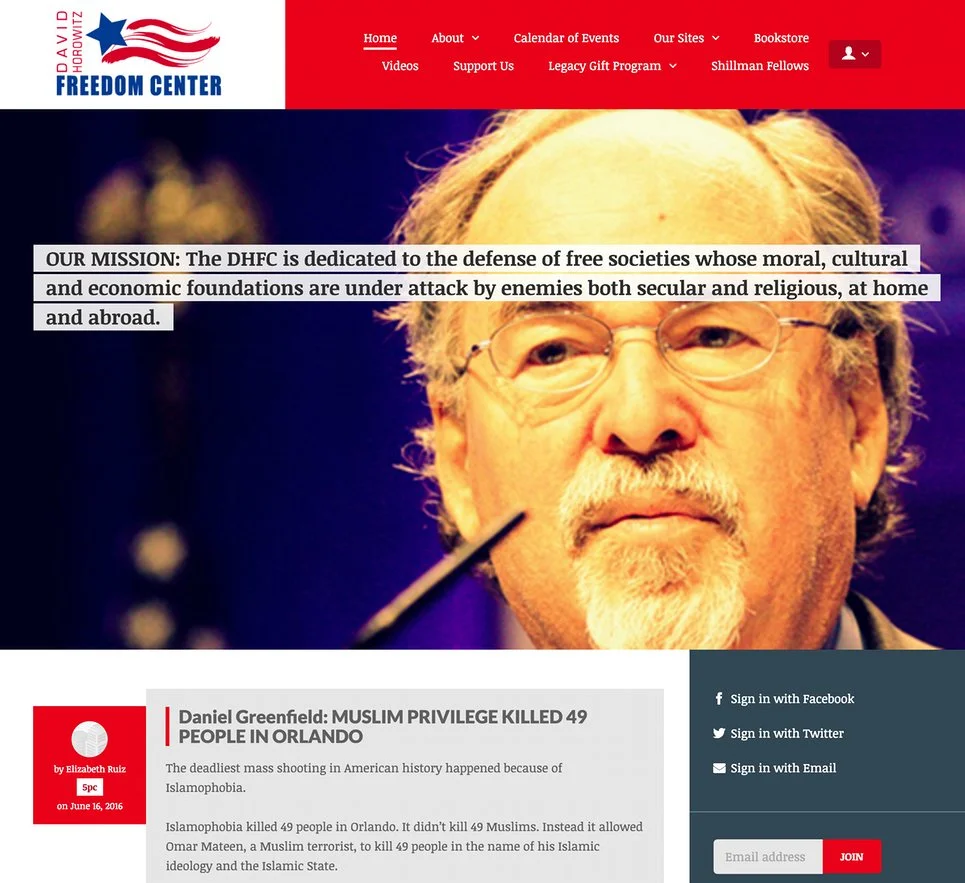 The website of the David Horowitz Freedom Center, as seen on 20 June 2016. Photograph: http://www.horowitzfreedomcenter.org/