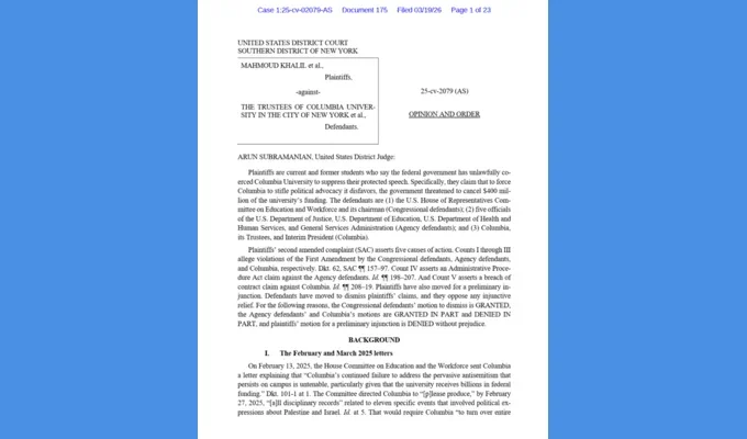 BREAKING: Federal Court Finds Columbia U May Have Acted as Government’s Instrument to Suppress Palestinian Advocacy – in Violation of the First Amendment