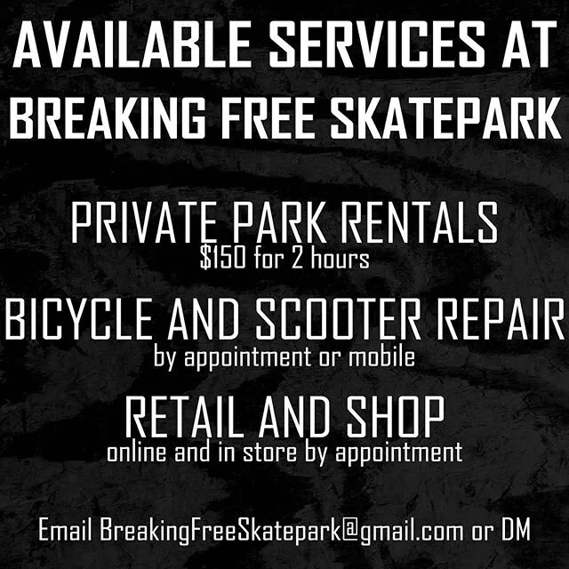 It really sucks we can&rsquo;t be open but can still help. We are offering private park rental at $150 for two hours.
The shop is open for bicycle and scooter repairs by appointment. We repair and tune adult bikes as well. The retail shop is open by 