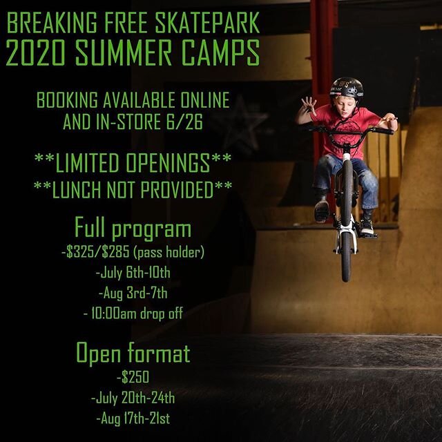 Summer camp info and booking available on Friday 6/26. You can book online in our webstore or in person at the skatepark.
This years camps will be slightly limited in light of covid safety. Lunches will NOT be provided. We are also limiting the openi