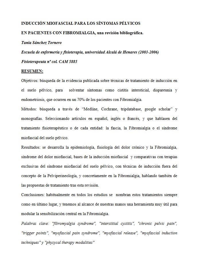Inducción miofascial para los síntomas pélvicos en pacientes con fibromialgia, una revisión bibliográfica..