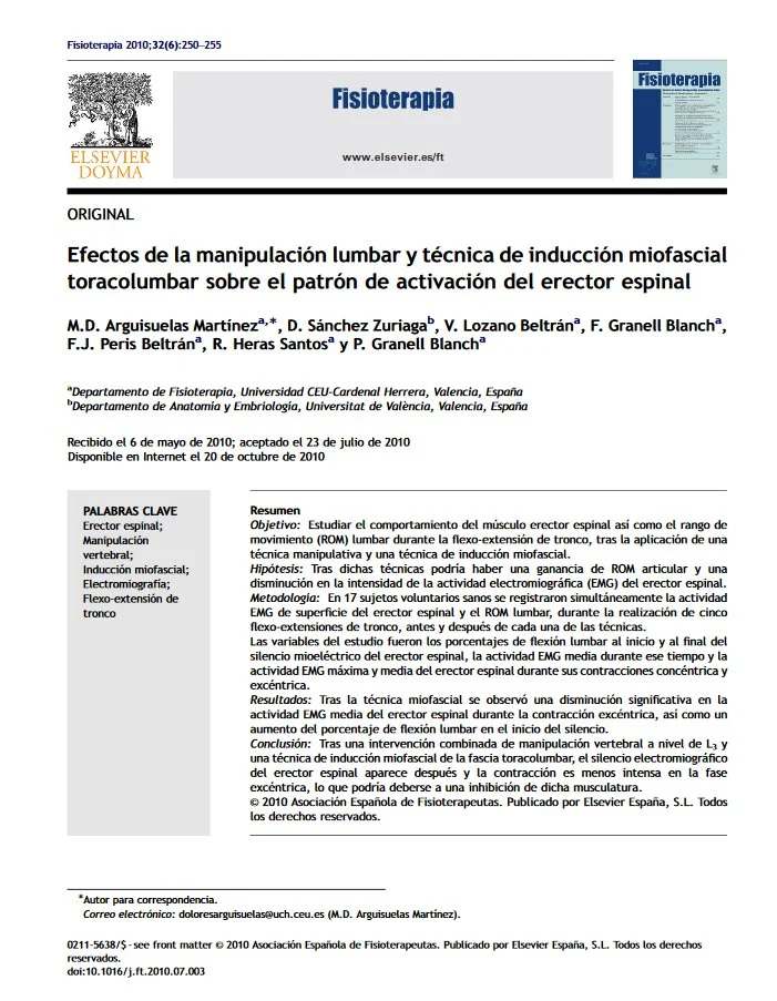 Efectos de la manipulación lumbar y técnica de inducción miofascial toracolumbar sobre el patrón de activación del erector espinal.