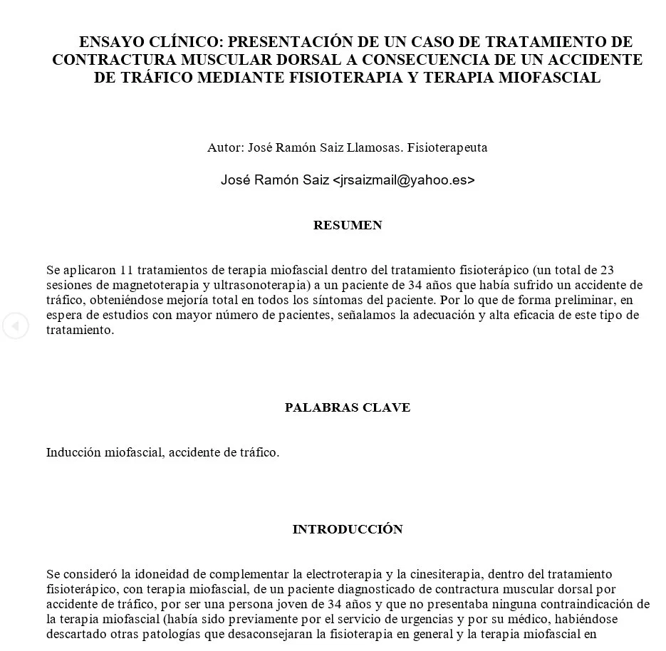 Presentación de un caso de tratamiento de contractura muscular dorsal a consecuencia de un accidente de tráfico mediante fisioterapia y terapia miofascial. 