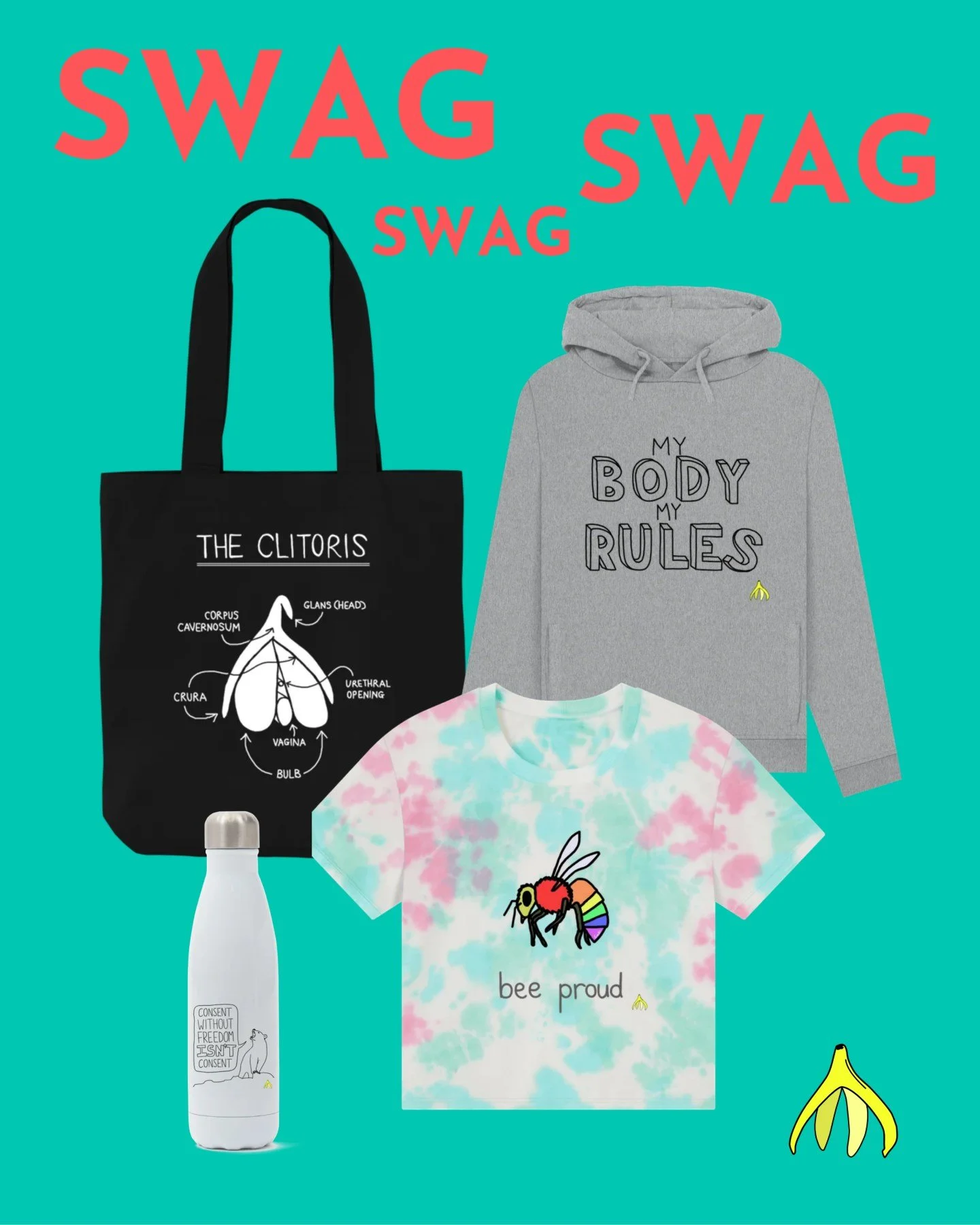 Check out our swag! 

Represent the work we do and the messages we teach with our collections of clothing and accessories, from tote bags to t-shirts! 

All proceeds go towards supporting our work and making it accessible, ensuring all young people h
