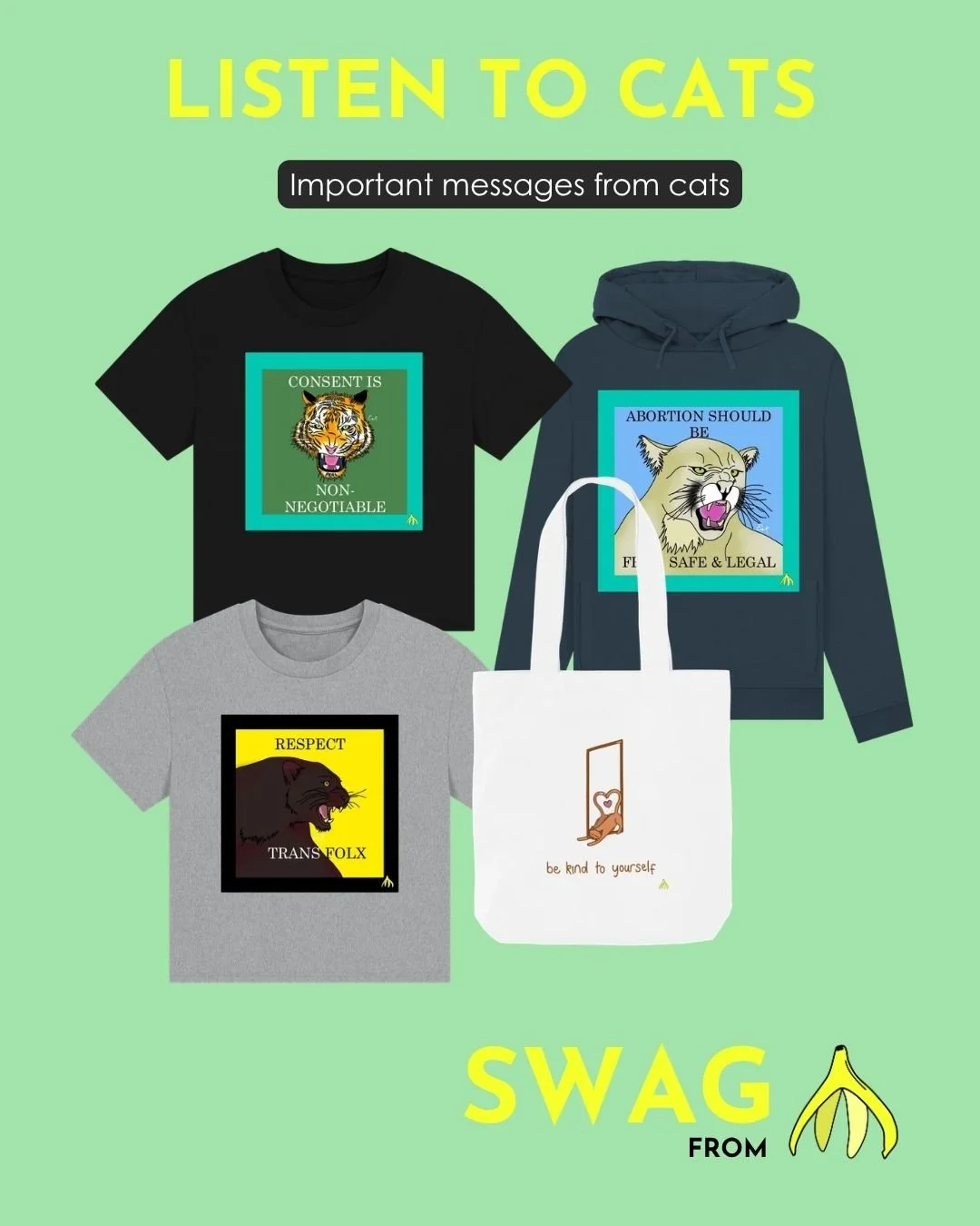Our merch promotes the messages we teach and funds our comprehensive RSHE programmes! 

Check our 'Listen to cats' collection, championing important messages with the help feline friends. Or try our 'Pleasure' collection, dedicated to the power of pl