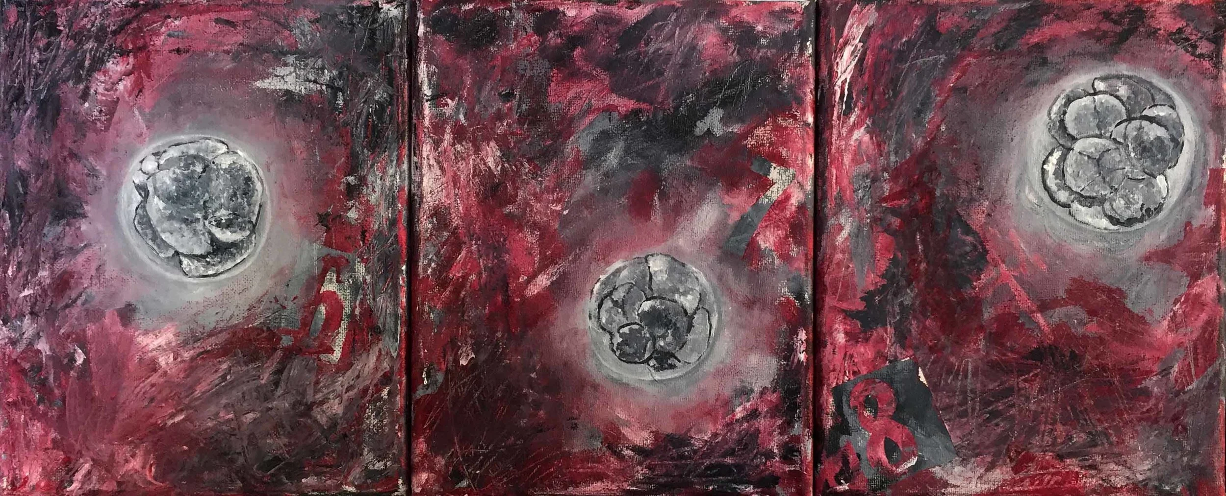 Fertility - Six, Seven and Eight Zygotes on a Canvas - triptych, acrylic, 24x10, 2016
