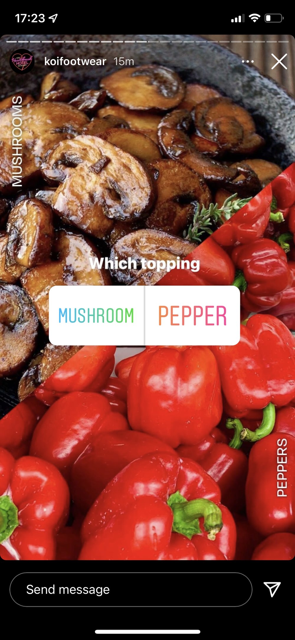  Screenshot of Koi Footwear story. The text reads ‘which topping’ and the answers are ‘mushroom’ or ‘pepper’ with mushrooms and red peppers on the background. 