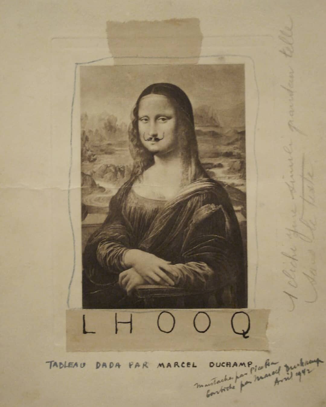 'L.H.O.O.Q.' is a Dada artwork by Marcel Duchamp, known as a ready-made, where an already made artwork or object is slightly changed (or sometimes not at all) to create a new art piece, usually some sort of commentary. This piece is a modified postca