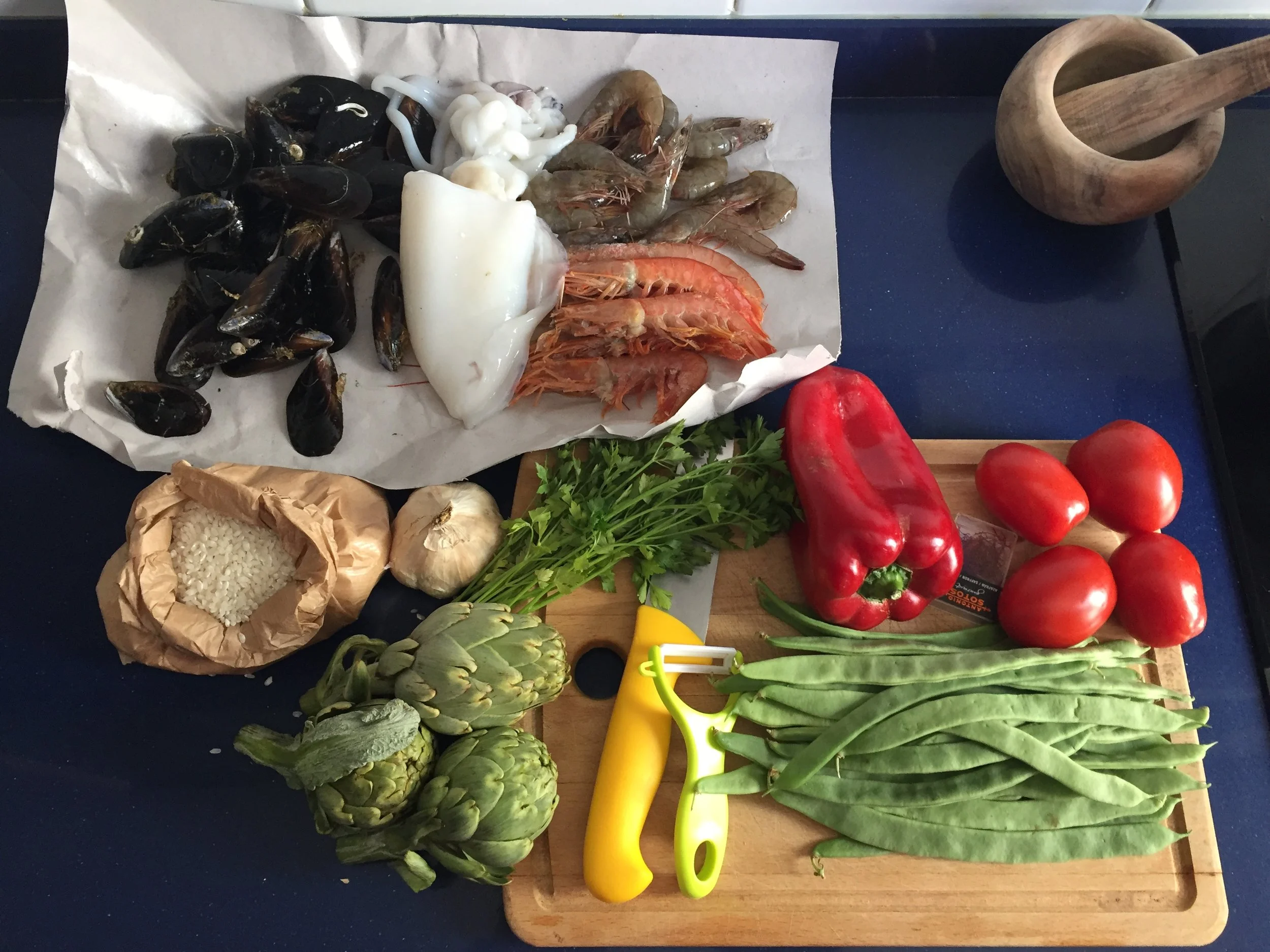Fresh ingredients for our paella after a quick trip to the neighborhood market.