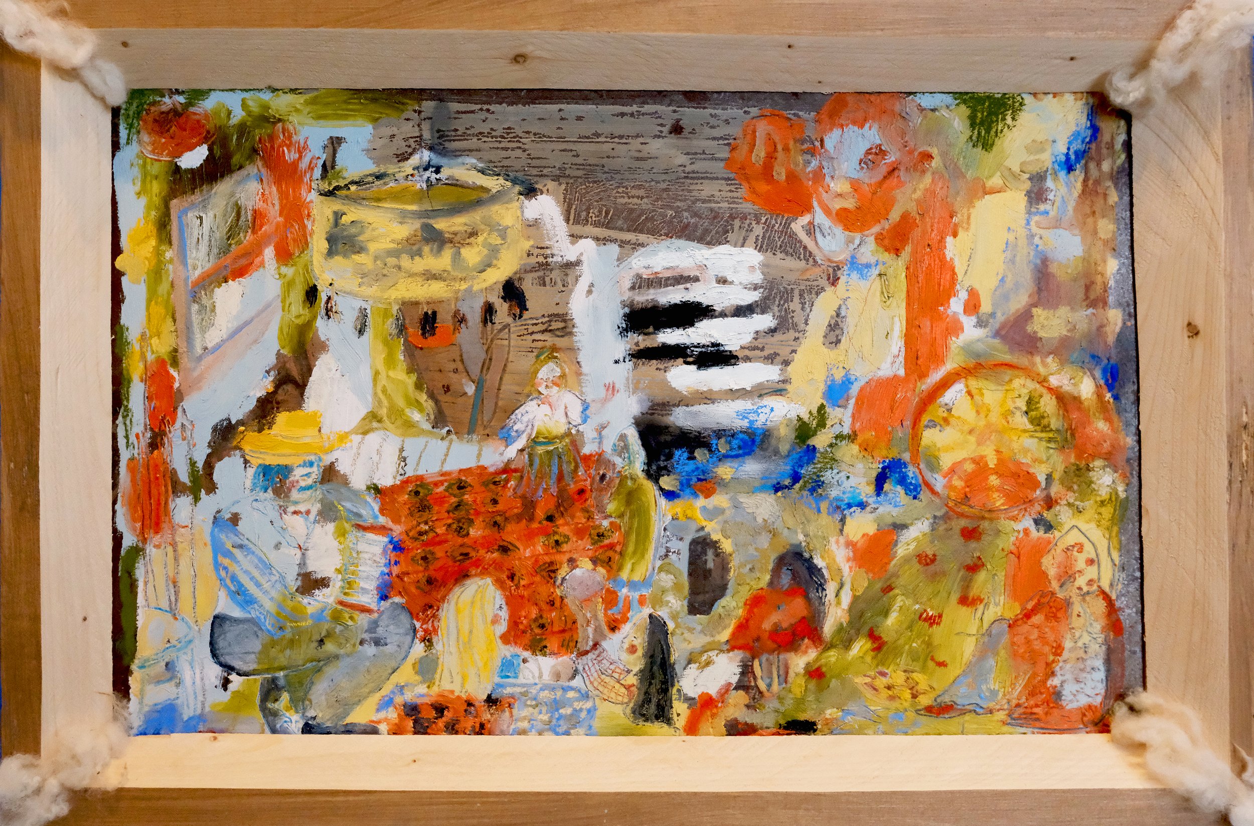 Colorful abstract oil painting with folk figures and musical instruments on metal