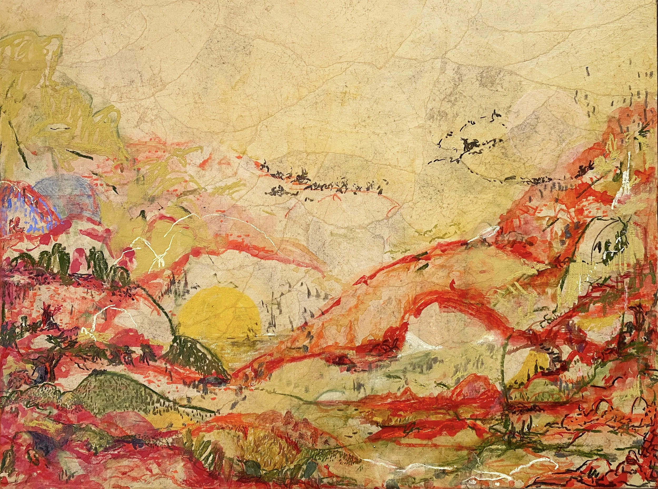 pastel earthy colored abstract landscape painting on wood panel