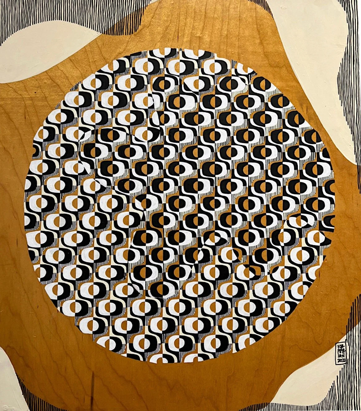 black and white geometric psychedelic acrylic painting on wood