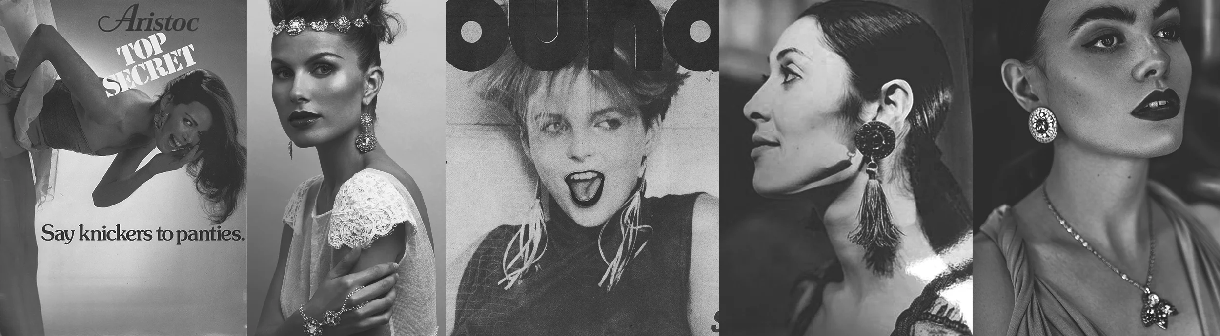 Gill Clement archive showing early jewellery, press and fashion imagery