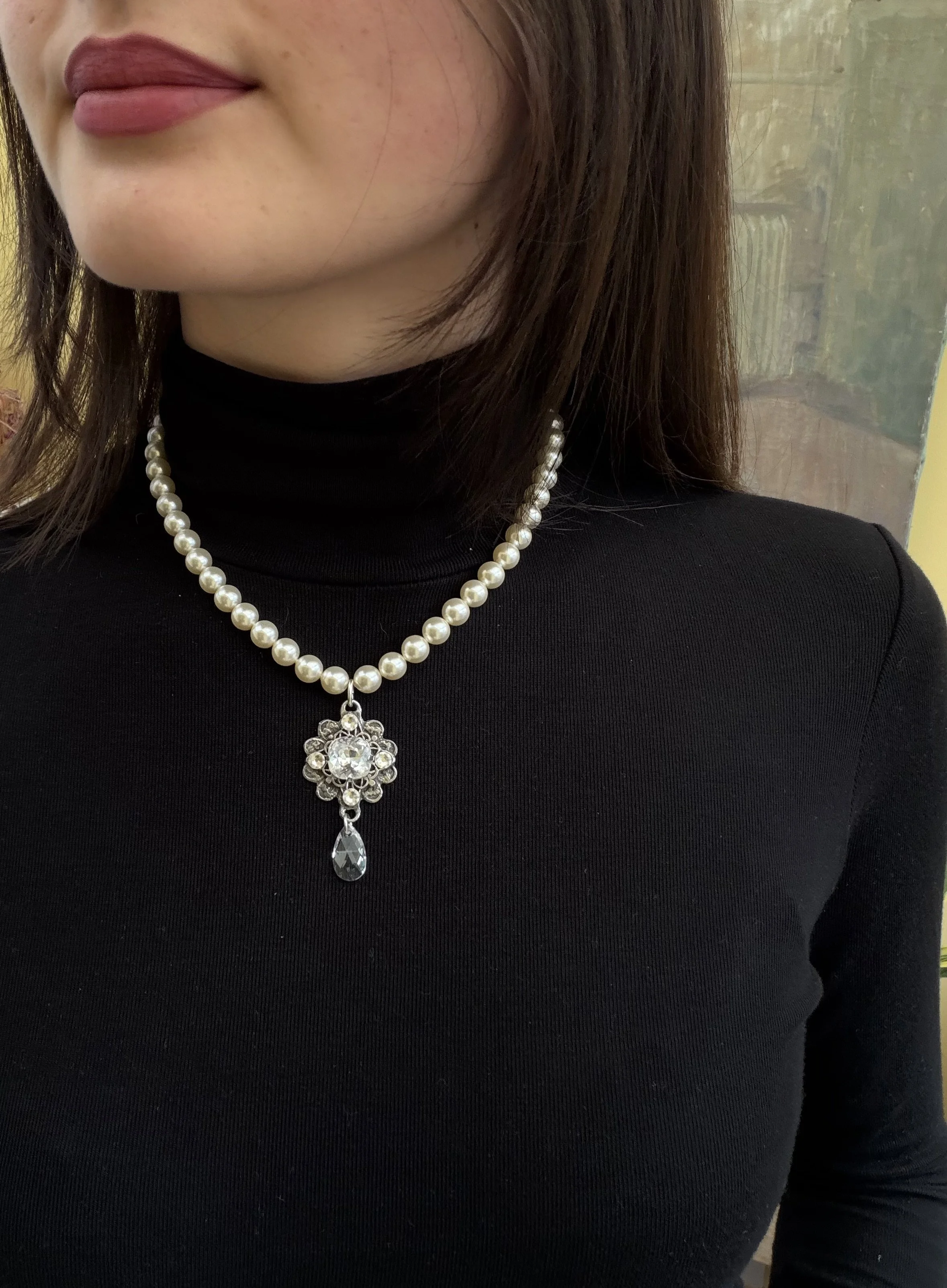 Cream Swarovski Pearl and Crystal Necklace with Small Crystal Drop