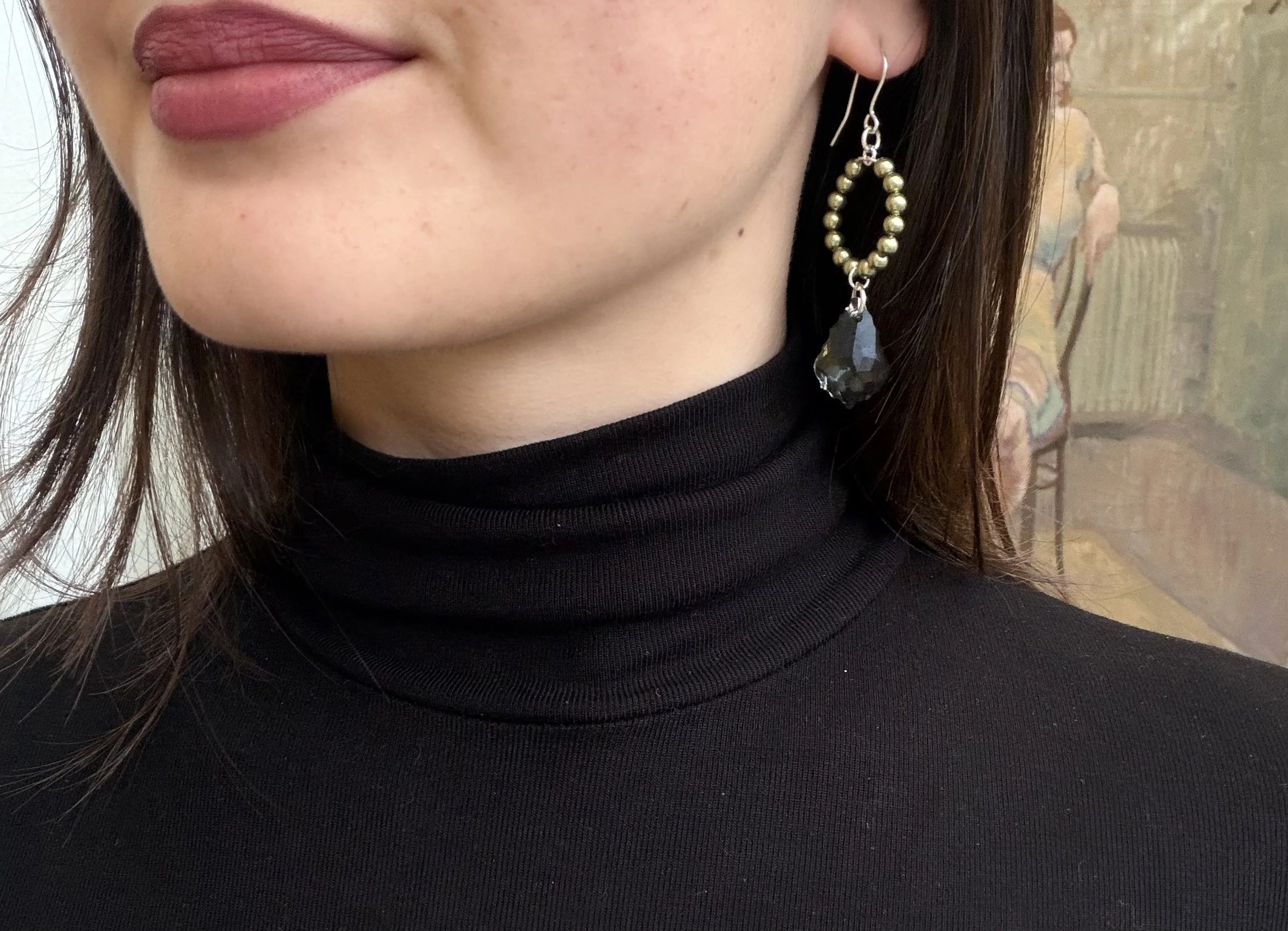 Green Pearl Earrings with Grey Crystal