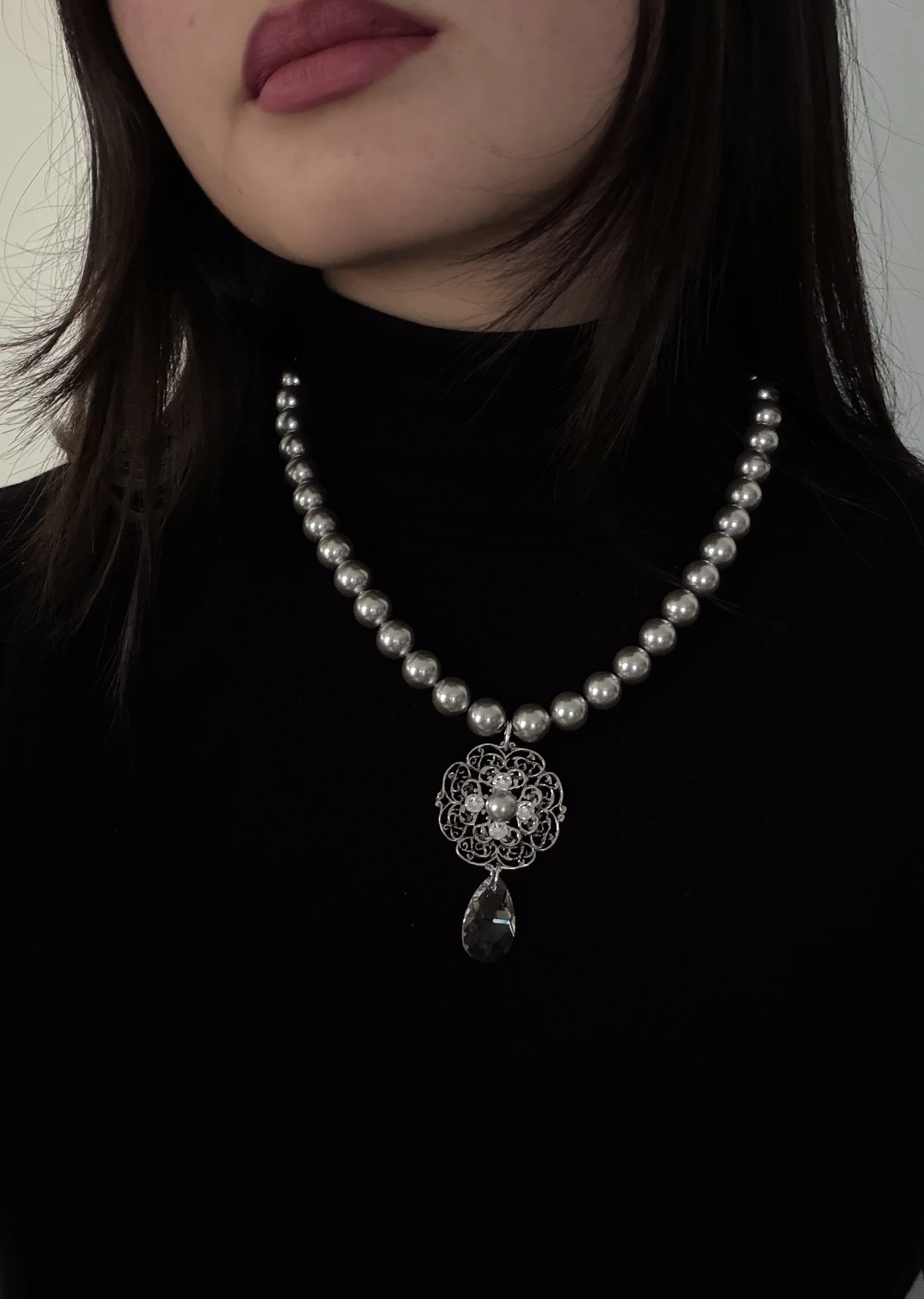 One Only. Light Grey Swarovski Pearl with Crystal Necklace.