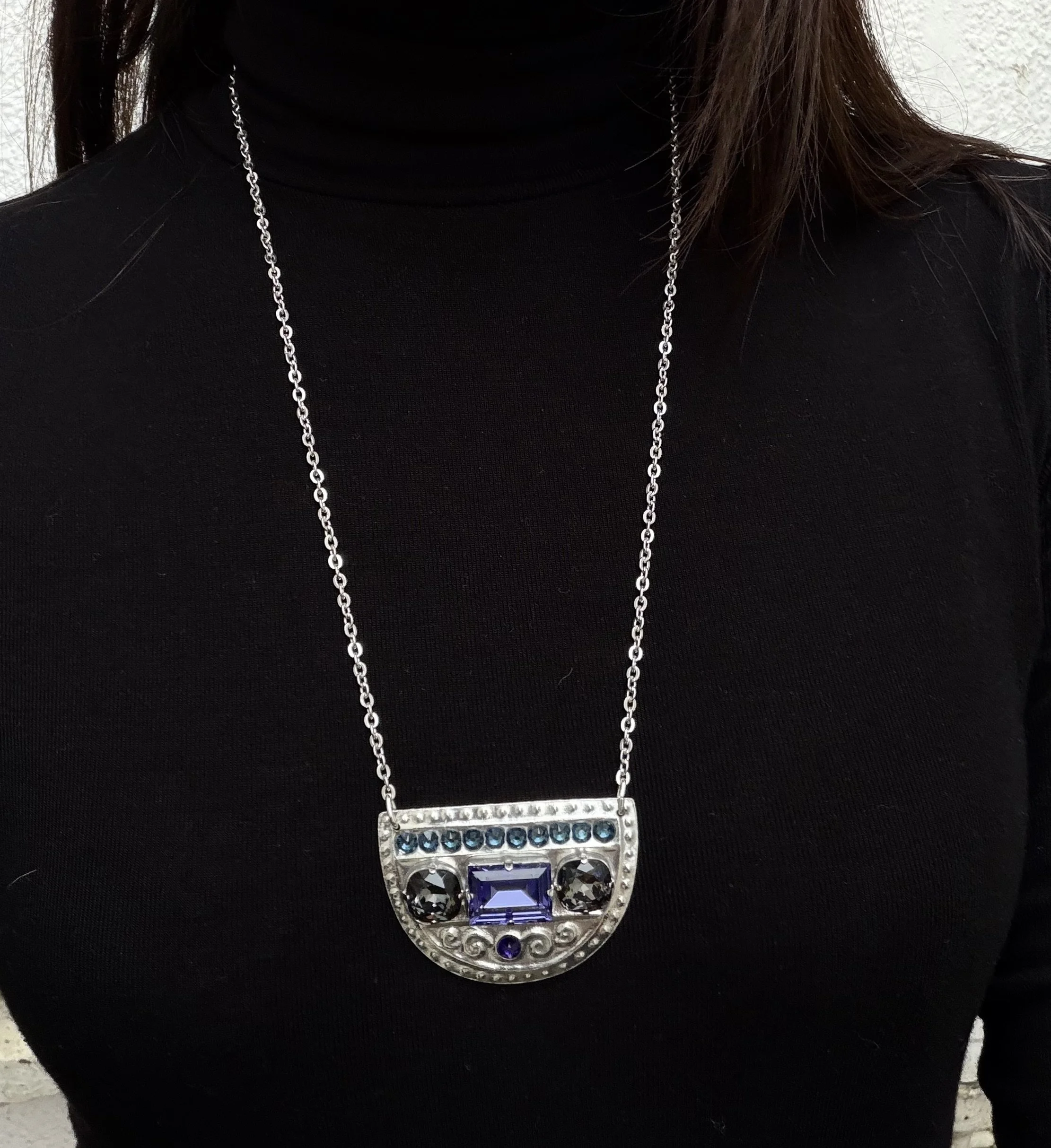 One Only .Pewter Shield Pendant with Vintage Swarovski Stones