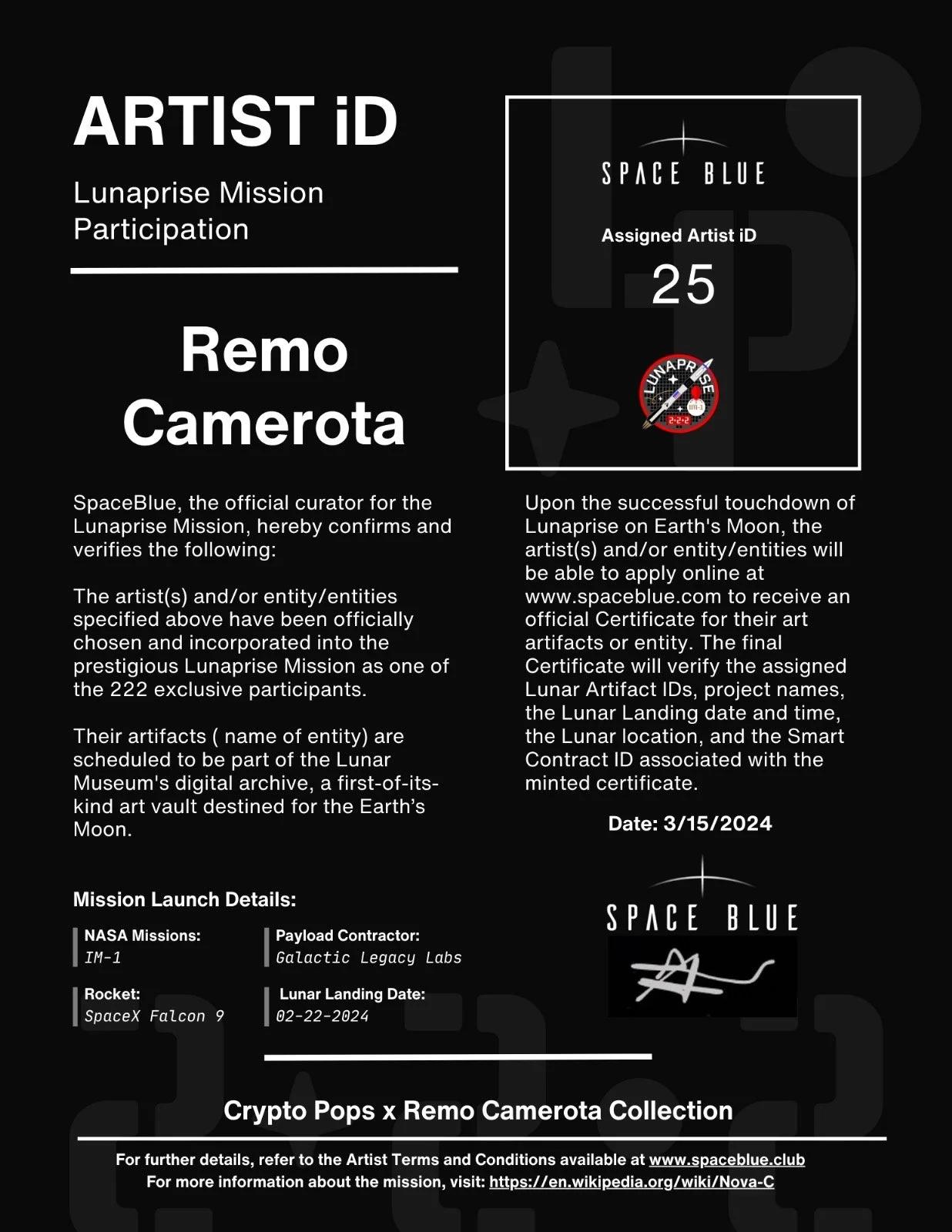 2/22/24 NASA sent Artimus 1 to land on the moon for the fist time in over 50 years. The payload included the Lunarprise Museum. A collection of Artworks etched onto Nanofisch technology housed to exist for over 1 billion years.